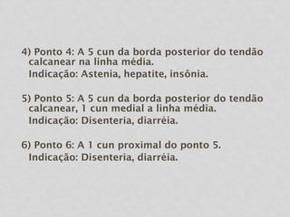 4) Ponto 4: A 5 cun da borda posterior do tendão
calcanear na linha média.
Indicação: Astenia, hepatite, insônia.
5) Ponto 5: A 5 cun da borda posterior do tendão
calcanear, 1 cun medial a linha média.
Indicação: Disenteria, diarréia.
6) Ponto 6: A 1 cun proximal do ponto 5.
Indicação: Disenteria, diarréia.
 
