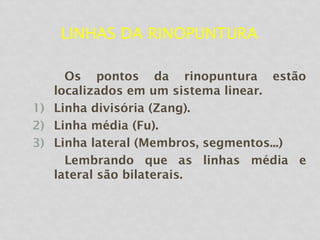 LINHAS DA RINOPUNTURA
Os pontos da rinopuntura estão
localizados em um sistema linear.
1) Linha divisória (Zang).
2) Linha média (Fu).
3) Linha lateral (Membros, segmentos...)
Lembrando que as linhas média e
lateral são bilaterais.
 
