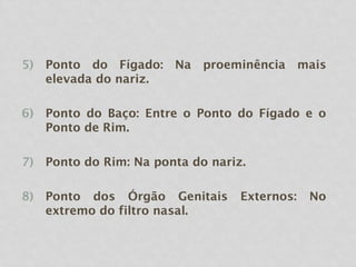 5) Ponto do Fígado: Na proeminência mais
elevada do nariz.
6) Ponto do Baço: Entre o Ponto do Fígado e o
Ponto de Rim.
7) Ponto do Rim: Na ponta do nariz.
8) Ponto dos Órgão Genitais Externos: No
extremo do filtro nasal.
 