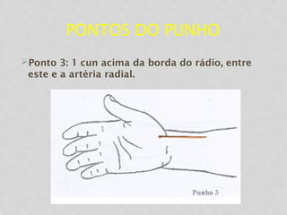 PONTOS DO PUNHO
Ponto 3: 1 cun acima da borda do rádio, entre
este e a artéria radial.
 