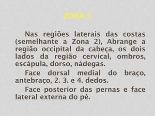 ZONA 5
Nas regiões laterais das costas
(semelhante a Zona 2), Abrange a
região occipital da cabeça, os dois
lados da região cervical, ombros,
escápula, dorso, nádegas.
Face dorsal medial do braço,
antebraço, 2. 3. e 4. dedos.
Face posterior das pernas e face
lateral externa do pé.
 