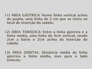 11) ÁREA GÁSTRICA: Numa linha vertical acima
da pupila, uma linha de 2 cm que se inicia no
local de inserção do cabelo.
12) ÁREA TORÁCICA: Entre a linha gástrica e a
linha média, uma linha de 4cm vertical, sendo
2cm a baixo e 2cm acima da inserção do
cabelo.
13) ÁREA GENITAL: Distância média da linha
gástrica e linha média, mas para o lado
externo.
 