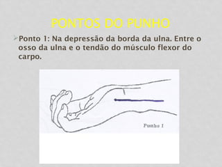 PONTOS DO PUNHO
Ponto 1: Na depressão da borda da ulna. Entre o
osso da ulna e o tendão do músculo flexor do
carpo.
 