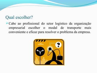 Qual escolher?
Cabe ao profissional do setor logístico da organização
empresarial escolher o modal de transporte mais
conveniente e eficaz para resolver o problema da empresa.
 
