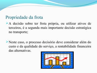 Propriedade da frota
A decisão sobre ter frota própria, ou utilizar ativos de
terceiros, é a segunda mais importante decisão estratégica
no transporte;
Neste caso, o processo decisório deve considerar além do
custo e da qualidade do serviço, a rentabilidade financeira
das alternativas.
 