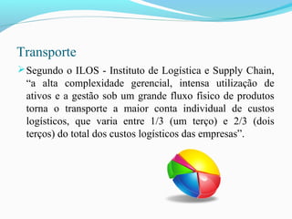 Transporte
Segundo o ILOS - Instituto de Logística e Supply Chain,
“a alta complexidade gerencial, intensa utilização de
ativos e a gestão sob um grande fluxo físico de produtos
torna o transporte a maior conta individual de custos
logísticos, que varia entre 1/3 (um terço) e 2/3 (dois
terços) do total dos custos logísticos das empresas”.
 