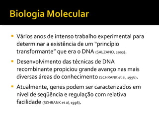 Vários anos de intenso trabalho experimental para determinar a existência de um “princípio transformante” que era o DNA  (SALZANO, 2002) . Desenvolvimento das técnicas de DNA recombinante propiciou grande avanço nas mais diversas áreas do conhecimento  (SCHRANK et al, 1996) . Atualmente, genes podem ser caracterizados em nível de seqüência e regulação com relativa facilidade  (SCHRANK et al, 1996) .  