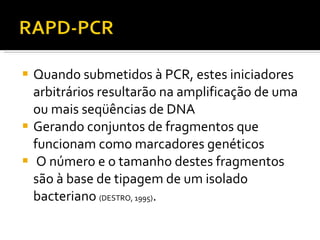 Quando submetidos à PCR, estes iniciadores arbitrários resultarão na amplificação de uma ou mais seqüências de DNA Gerando conjuntos de fragmentos que funcionam como marcadores genéticos O número e o tamanho destes fragmentos são à base de tipagem de um isolado bacteriano  (DESTRO, 1995) . 