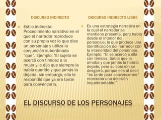 EL DISCURSO DE LOS PERSONAJES
DISCURSO INDIRECTO DISCURSO INDIRECTO LIBRE
 Estilo indirecto:
Procedimiento narrativo en el
que el narrador reproduce
con su propia voz lo que dice
un personaje y utiliza la
conjunción subordinada
“que”. Ejemplo: "El sujeto se
acercó con timidez a la
mujer y le dijo que siempre la
había querido y que jamás la
dejaría, sin embargo, ella le
respondió que ya era tarde
para convencerla.
 Es una estrategia narrativa en
la cual el narrador se
mantiene presente, pero habla
desde el interior del
personaje, lo que produce una
identificación del narrador con
la interioridad del personaje.
Ejemplo: “El se acercó a ella
con timidez. Sabía que la
amaba y que jamás la habría
dejado, pero su corazón se
desgarró, porque ella al decir
“es tarde para convencerme”
mostraba una decisión
inquebrantable.”
 
