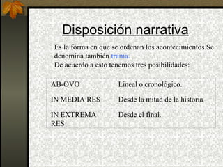 Disposición narrativa
Es la forma en que se ordenan los acontecimientos.Se
denomina también trama.
De acuerdo a esto tenemos tres posibilidades:
AB-OVO Lineal o cronológico.
IN MEDIA RES Desde la mitad de la historia.
IN EXTREMA
RES
Desde el final.
 