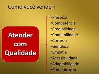 Como você vende ?
•Presteza
•Competência
•Credibilidade
•Confiabilidade
•Cortesia
•Gentileza
•Empatia
•Acessibilidade
•Adaptabilidade
•Comunicação
Atender
com
Qualidade
 
