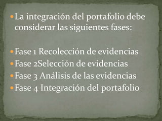 La integración del portafolio debe
considerar las siguientes fases:
Fase 1 Recolección de evidencias
Fase 2Selección de evidencias
Fase 3 Análisis de las evidencias
Fase 4 Integración del portafolio
 