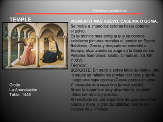 Técnicas pictóricas TEMPLE PIGMENTO MAS HUEVO, CASEINA O GOMA. Se molía a  mano los colores hasta obtener  el polvo. Es la técnica mas antigua que se conoce,  existieron pinturas murales al temple en Egipto Babilonia, Grecia y después se extendió a Europa, alcanzando su auge en la Italia de los Pintores florentinos: Giotto, Cimabue…(S.XIII Y XIV). Técnica: SOPORTE : En muro o sobre tabla de álamo , tilo o sauce se rellena las grietas con cola y serrín, luego una capa gruesa (Gesso graso) de yeso. Y  después otra capa fina (gesso sottile). Al ser la superficie muy absorbente, el pintor debe ser rápido y preciso. El resultado es una superficie de gran suavidad,  opaca y mate  y gran durabilidad. Gama de  colores muy limitada. Giotto La Anunciación Tabla, 1445 
