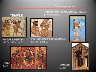 Técnicas pictóricas TEMPLE TABLA S. XII CIMABUE S. XIII PINTURA EGIPCIA 142O/1375 a. de C PINTURA MURAL BABILÓNICA s.1794  a. de C. PINTURA MURAL MICENAS(GRECIA) S. XIV a. de C. 