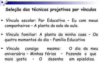 Seleção das técnicas projetivas por vínculos

► Vínculo escolar: Par Educativo – Eu com meus
  companheiros – A planta da sala de aula.

► Vínculo familiar: A planta da minha casa – Os
  quatro momentos do dia – Família Educativa

► Vínculo consigo      mesmo:   O dia do meu
 aniversário – Minhas férias – Fazendo o que
 mais gosta – O desenho em episódios.
 