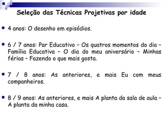 Seleção das Técnicas Projetivas por idade

   4 anos: O desenho em episódios.

   6 / 7 anos: Par Educativo – Os quatros momentos do dia –
    Família Educativa – O dia do meu aniversário – Minhas
    férias – Fazendo o que mais gosta.

   7 / 8 anos: As anteriores, e mais Eu com meus
    companheiros.

   8 / 9 anos: As anteriores, e mais A planta da sala de aula –
    A planta da minha casa.
 