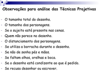 Observações para análise das Técnicas Projetivas

-    O tamanho total do desenho.
-    O tamanho dos personagens.
-    Se o sujeito está presente nas cenas.
-    Quem não parece no desenho.
-    O distanciamento dos personagens.
-    Se utiliza a borracha durante o desenho.
-    Se não de senha pés e mãos.
-    Se faltam olhos, orelhas e boca.
-    Se o desenho está condizente ao que é pedido.
-    Se recusa desenhar ou escrever.
 