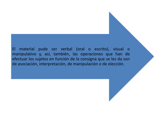El material pude ser verbal (oral o escrito), visual o
manipulativo y, así, también, las operaciones que han de
efectuar los sujetos en función de la consigna que se les da son
de asociación, interpretación, de manipulación o de elección.
 