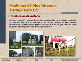 Residuos Sólidos Urbanos.
        Tratamiento (V)
       Producción de metano
        La descomposición natural (fermentación anaerobia) de la materia orgánica
        produce un gas, rico en metano y dióxido de carbono en las mismas
        proporciones. El metano recuperado se envía a la red de gas ciudad o bien
        se quema para la producción de energía eléctrica.




                                                                                       10
CONTENIDO      RESIDUOS             RSU              RTP        RECICLADO MATERIALES
 