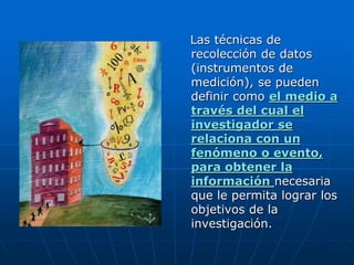 Las técnicas de 
recolección de datos 
(instrumentos de 
medición), se pueden 
definir como el medio a 
través del cual el 
investigador se 
relaciona con un 
fenómeno o evento, 
para obtener la 
información necesaria 
que le permita lograr los 
objetivos de la 
investigación. 
 