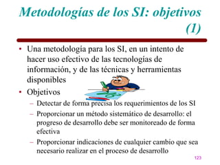 Metodologías de los SI: objetivos
                              (1)
• Una metodología para los SI, en un intento de
  hacer uso efectivo de las tecnologías de
  información, y de las técnicas y herramientas
  disponibles
• Objetivos
   – Detectar de forma precisa los requerimientos de los SI
   – Proporcionar un método sistemático de desarrollo: el
     progreso de desarrollo debe ser monitoreado de forma
     efectiva
   – Proporcionar indicaciones de cualquier cambio que sea
     necesario realizar en el proceso de desarrollo
                                                         123
 