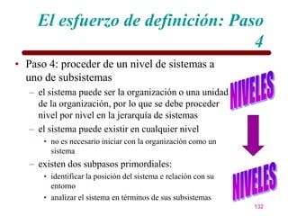 El esfuerzo de definición: Paso
                                   4
• Paso 4: proceder de un nivel de sistemas a
  uno de subsistemas
   – el sistema puede ser la organización o una unidad
     de la organización, por lo que se debe proceder
     nivel por nivel en la jerarquía de sistemas
   – el sistema puede existir en cualquier nivel
      • no es necesario iniciar con la organización como un
        sistema
   – existen dos subpasos primordiales:
      • identificar la posición del sistema e relación con su
        entorno
      • analizar el sistema en términos de sus subsistemas
                                                                132
 