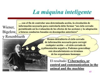 La máquina inteligente
         … con el fin de controlar una determinada acción, la circulación de
         información necesaria para controlarla debe formar “un ciclo cerrado
Wiener,  permitiendo así la evaluación de los efectos de las acciones y la adaptación
Bigelow, a futuras conductas basadas en desempeños anteriores”
y Rosenblueth
                                    Hemos descubierto el ciclo cerrado
                                 de información necesaria para corregir
                                   cualquier acción —el ciclo cerrado de
                              realimentación negativa. Podemos generalizar
                                     este descubrimiento en términos
                                        de los organismos humanos

                                       El resultado: Cybernetics, or
                                       control and communication in the
                                       animal and the machine
                                                                             67
 