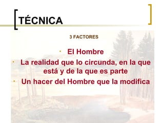 TÉCNICA 3 FACTORES El Hombre La realidad que lo circunda, en la que está y de la que es parte Un hacer del Hombre que la modifica 