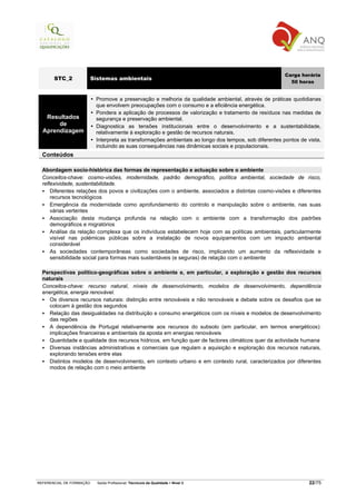 Carga horária
       STC_2              Sistemas ambientais
                                                                                                          50 horas


                           Promove a preservação e melhoria da qualidade ambiental, através de práticas quotidianas
                           que envolvem preocupações com o consumo e a eficiência energética.
                           Pondera a aplicação de processos de valorização e tratamento de resíduos nas medidas de
   Resultados              segurança e preservação ambiental.
       de                  Diagnostica as tensões institucionais entre o desenvolvimento e a sustentabilidade,
  Aprendizagem             relativamente à exploração e gestão de recursos naturais.
                           Interpreta as transformações ambientais ao longo dos tempos, sob diferentes pontos de vista,
                           incluindo as suas consequências nas dinâmicas sociais e populacionais.
  Conteúdos

  Abordagem socio-histórica das formas de representação e actuação sobre o ambiente
  Conceitos-chave: cosmo-visões, modernidade, padrão demográfico, política ambiental, sociedade de risco,
  reflexividade, sustentabilidade.
      Diferentes relações dos povos e civilizações com o ambiente, associados a distintas cosmo-visões e diferentes
      recursos tecnológicos
      Emergência da modernidade como aprofundamento do controlo e manipulação sobre o ambiente, nas suas
      várias vertentes
      Associação desta mudança profunda na relação com o ambiente com a transformação dos padrões
      demográficos e migratórios
      Análise da relação complexa que os indivíduos estabelecem hoje com as políticas ambientais, particularmente
      visível nas polémicas públicas sobre a instalação de novos equipamentos com um impacto ambiental
      considerável
      As sociedades contemporâneas como sociedades de risco, implicando um aumento da reflexividade e
      sensibilidade social para formas mais sustentáveis (e seguras) de relação com o ambiente

  Perspectivas político-geográficas sobre o ambiente e, em particular, a exploração e gestão dos recursos
  naturais
  Conceitos-chave: recurso natural, níveis de desenvolvimento, modelos de desenvolvimento, dependência
  energética, energia renovável.
     Os diversos recursos naturais: distinção entre renováveis e não renováveis e debate sobre os desafios que se
     colocam à gestão dos segundos
     Relação das desigualdades na distribuição e consumo energéticos com os níveis e modelos de desenvolvimento
     das regiões
     A dependência de Portugal relativamente aos recursos do subsolo (em particular, em termos energéticos):
     implicações financeiras e ambientais da aposta em energias renováveis
     Quantidade e qualidade dos recursos hídricos, em função quer de factores climáticos quer da actividade humana
     Diversas instâncias administrativas e comerciais que regulam a aquisição e exploração dos recursos naturais,
     explorando tensões entre elas
     Distintos modelos de desenvolvimento, em contexto urbano e em contexto rural, caracterizados por diferentes
     modos de relação com o meio ambiente




REFERENCIAL DE FORMAÇÃO     Saída Profissional: Técnico/a da Qualidade   Nível 3                                  22/75
 
