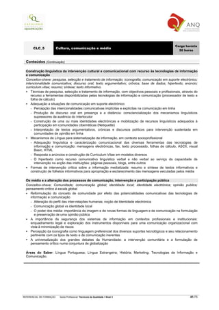 Carga horária
       CLC_5              Cultura, comunicação e média
                                                                                                       50 horas


  Conteúdos (Continuação)

  Construção linguística da intervenção cultural e comunicacional com recurso às tecnologias de informação
  e comunicação
  Conceitos-chave: pesquisa, selecção e tratamento de informação; iconografia; comunicação em suporte electrónico;
  intencionalidade comunicativa; discurso oral; texto argumentativo; crónica; base de dados; hipertexto; anúncio;
  curriculum vitae; resumo; síntese; texto informativo.
      Técnicas de pesquisa, selecção e tratamento de informação, com objectivos pessoais e profissionais, através do
      recurso a ferramentas disponibilizadas pelas tecnologias de informação e comunicação (processador de texto e
      folha de cálculo)
      Adequação a situações de comunicação em suporte electrónico
      - Percepção das intencionalidades comunicativas implícitas e explícitas na comunicação em linha
      - Produção de discurso oral em presença e a distância: consciencialização dos mecanismos linguísticos
         supressores da ausência do interlocutor
      - Construção de uma ou mais identidades electrónicas e mobilização de recursos linguísticos adequados à
         participação em comunidades cibernéticas (Netiquette)
      - Interpretação de textos argumentativos, crónicas e discursos políticos para intervenção sustentada em
         comunidades de opinião em linha
      Mecanismos de Língua para sistematização da informação, em contexto socioprofissional
      - Adequação linguística e caracterização comunicacional das diversas ferramentas das tecnologias de
         informação e comunicação: mensagens electrónicas, fax, texto processado, folhas de cálculo, ASCII, visual
         Basic, HTML
      - Resposta a anúncios e construção de Curriculum Vitae em modelos diversos
      - O hipertexto como recurso comunicativo linguístico verbal e não verbal ao serviço da capacidade de
         intervenção na acção das instituições: páginas pessoais, blogs, entre outros
      Formas de intervenção crítica sobre a informação mediatizada: resumo e síntese de textos informativos e
      construção de folhetos informativos para apropriação e esclarecimento das mensagens veiculadas pelos média

  Os média e a alteração dos processos de comunicação, intervenção e participação pública
  Conceitos-chave: Comunidade; comunicação global; identidade local; identidade electrónica; opinião publica;
  pensamento crítico à escala global.
     Reformulação do conceito de comunidade por efeito das potencialidades comunicativas das tecnologias de
     informação e comunicação
     - Alteração do perfil das inter-relações humanas; noção de Identidade electrónica
     - Comunicação global vs identidade local
     - O poder dos média: importância da imagem e de novas formas de linguagem e de comunicação na formulação
        e preservação de uma opinião pública
     A importância da segurança dos sistemas de informação em contextos profissionais e institucionais:
     enquadramento legal e exploração dos instrumentos disponíveis para uma comunicação organizacional com
     vista à minimização de riscos
     Percepção da iconografia como linguagem preferencial dos diversos suportes tecnológicos e seu relacionamento
     pertinente com os tipos de texto e de comunicação inerentes
     A universalização dos grandes debates da Humanidade: a intervenção comunitária e a formulação de
     pensamento crítico numa conjuntura de globalização

  Áreas do Saber: Língua Portuguesa; Língua Estrangeira; História; Marketing; Tecnologias de Informação e
  Comunicação.




REFERENCIAL DE FORMAÇÃO     Saída Profissional: Técnico/a da Qualidade   Nível 3                               41/75
 