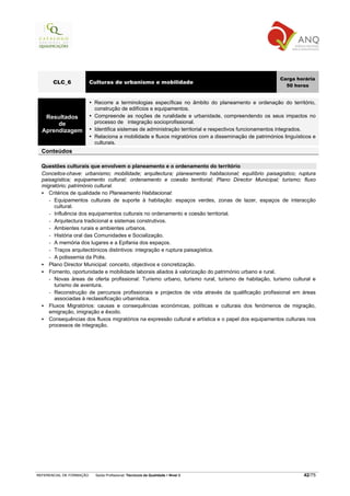 Carga horária
       CLC_6              Culturas de urbanismo e mobilidade
                                                                                                          50 horas


                           Recorre a terminologias específicas no âmbito do planeamento e ordenação do território,
                           construção de edifícios e equipamentos.
   Resultados              Compreende as noções de ruralidade e urbanidade, compreendendo os seus impactos no
       de                  processo de integração socioprofissional.
  Aprendizagem             Identifica sistemas de administração territorial e respectivos funcionamentos integrados.
                           Relaciona a mobilidade e fluxos migratórios com a disseminação de patrimónios linguísticos e
                           culturais.
  Conteúdos

  Questões culturais que envolvem o planeamento e o ordenamento do território
  Conceitos-chave: urbanismo; mobilidade; arquitectura; planeamento habitacional; equilíbrio paisagístico; ruptura
  paisagística; equipamento cultural; ordenamento e coesão territorial; Plano Director Municipal; turismo; fluxo
  migratório; património cultural.
     Critérios de qualidade no Planeamento Habitacional:
     - Equipamentos culturais de suporte à habitação: espaços verdes, zonas de lazer, espaços de interacção
       cultural.
     - Influência dos equipamentos culturais no ordenamento e coesão territorial.
     - Arquitectura tradicional e sistemas construtivos.
     - Ambientes rurais e ambientes urbanos.
     - História oral das Comunidades e Socialização.
     - A memória dos lugares e a Epifania dos espaços.
     - Traços arquitectónicos distintivos: integração e ruptura paisagística.
     - A polissemia da Polis.
     Plano Director Municipal: conceito, objectivos e concretização.
     Fomento, oportunidade e mobilidade laborais aliados à valorização do património urbano e rural.
     - Novas áreas de oferta profissional: Turismo urbano, turismo rural, turismo de habitação, turismo cultural e
       turismo de aventura.
     - Reconstrução de percursos profissionais e projectos de vida através da qualificação profissional em áreas
       associadas à reclassificação urbanística.
     Fluxos Migratórios: causas e consequências económicas, políticas e culturais dos fenómenos de migração,
     emigração, imigração e êxodo.
     Consequências dos fluxos migratórios na expressão cultural e artística e o papel dos equipamentos culturais nos
     processos de integração.




REFERENCIAL DE FORMAÇÃO     Saída Profissional: Técnico/a da Qualidade   Nível 3                                  42/75
 