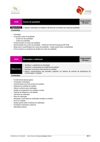 Carga horária
     0726          Custos da qualidade
                                                                                                           25 horas


 Objectivo(s)        Aplicar e interpretar os métodos e técnicas de um sistema de custos da qualidade.
 Conteúdos

    Introdução
    O que são custos da qualidade
    −   Custos da não-qualidade
    −   Custos da qualidade
    Porquê estudar os custos da qualidade
    Decomposição dos custos da qualidade - referência à Norma Portuguesa NP 4239
    Bases para a quantificação dos custos da qualidade - noções gerais sobre contabilidade
    Como conduzir um programa de análise de custos da qualidade




                                                                                                         Carga horária
     0727          Metrologia e calibração
                                                                                                           50 horas


                     Identificar o significado da metrologia.
                     Identificar a necessidade da existência de padrões.
 Objectivo(s)        Identificar os diversos instrumentos de medição.
                     Adquirir conhecimentos que permitam organizar um sistema de controlo de dispositivos de
                     monitorização e medição.
 Conteúdos

    Fundamentos básicos gerais
    Vocabulário metrológico
    Características dos instrumentos de medição
    Sistemas de unidades de medida
    Cálculo numérico para metrólogos
    Gestão de equipamento de medição e ensaio
    Padrões de referência e de trabalho
    Intervalos de calibração
    Plano de calibração
    Recepção e aprovação de certificados emitidos no exterior
    Erros na medição
    Noções gerais sobre incertezas de calibração
    Condições ambientais a observar
    Aplicações práticas




REFERENCIAL DE FORMAÇÃO   Saída Profissional: Técnico/a da Qualidade   Nível 3                                   58/75
 
