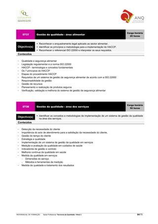 Carga horária
     0737          Gestão da qualidade - área alimentar
                                                                                                      25 horas


                      Reconhecer o enquadramento legal aplicado ao sector alimentar.
 Objectivo(s)         Identificar os princípios e metodologia para a implementação do HACCP.
                      Reconhecer o referencial ISO 22000 e interpretar os seus requisitos.
 Conteúdos

    Qualidade e segurança alimentar
    Legislação regulamentar e a norma ISO 22000
    HACCP - terminologia e conceitos fundamentais
    Os 7 princípios do HACCP
    Etapas do procedimento HACCP
    Requisitos de um sistema de gestão de segurança alimentar de acordo com a ISO 22000
    Responsabilidade da gestão
    Gestão de recursos
    Planeamento e realização de produtos seguros
    Verificação, validação e melhoria do sistema de gestão de segurança alimentar




                                                                                                    Carga horária
     0738          Gestão da qualidade - área dos serviços
                                                                                                      50 horas


                      Identificar os conceitos e metodologias de implementação de um sistema de gestão da qualidade
 Objectivo(s)
                      na área dos serviços.
 Conteúdos

    Detecção da necessidade do cliente
    Importância do acto de atendimento para a satisfação da necessidade do cliente,
    Gestão do tempo do cliente
    Estratégia e qualidade
    Implementação de um sistema de gestão da qualidade em serviços
    Medição e avaliação da qualidade em cuidados de saúde
    Indicadores de gestão e controlo
    Melhoria contínua da qualidade em saúde
    Medida da qualidade em serviços
    −   Dimensões do serviço
    −   Métodos e ferramentas de medição
    Medida da qualidade e tratamento dos resultados




REFERENCIAL DE FORMAÇÃO   Saída Profissional: Técnico/a da Qualidade   Nível 3                               64/75
 