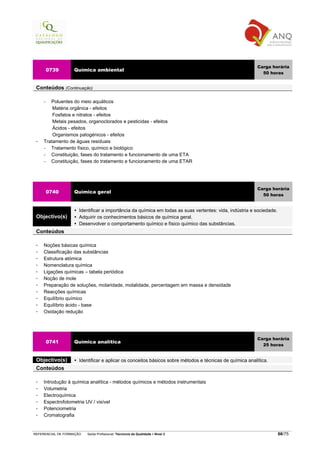 Carga horária
        0739       Química ambiental
                                                                                                            50 horas


 Conteúdos (Continuação)

    −  Poluentes do meio aquáticos
        Matéria orgânica - efeitos
        Fosfatos e nitratos - efeitos
        Metais pesados, organoclorados e pesticidas - efeitos
        Ácidos - efeitos
        Organismos patogénicos - efeitos
    Tratamento de águas residuais
    −  Tratamento físico, químico e biológico
    −  Constituição, fases do tratamento e funcionamento de uma ETA
    −  Constituição, fases do tratamento e funcionamento de uma ETAR




                                                                                                          Carga horária
        0740       Química geral
                                                                                                            50 horas


                      Identificar a importância da química em todas as suas vertentes: vida, indústria e sociedade.
 Objectivo(s)         Adquirir os conhecimentos básicos de química geral.
                      Desenvolver o comportamento químico e físico químico das substâncias.
 Conteúdos

    Noções básicas química
    Classificação das substâncias
    Estrutura atómica
    Nomenclatura química
    Ligações químicas – tabela periódica
    Noção de mole
    Preparação de soluções, molaridade, molalidade, percentagem em massa e densidade
    Reacções químicas
    Equilíbrio químico
    Equilíbrio ácido - base
    Oxidação redução




                                                                                                          Carga horária
        0741       Química analítica
                                                                                                            25 horas


 Objectivo(s)         Identificar e aplicar os conceitos básicos sobre métodos e técnicas de química analítica.
 Conteúdos

    Introdução à química analítica - métodos químicos e métodos instrumentais
    Volumetria
    Electroquímica
    Espectrofotometria UV / visível
    Potenciometria
    Cromatografia


REFERENCIAL DE FORMAÇÃO   Saída Profissional: Técnico/a da Qualidade   Nível 3                                        66/75
 