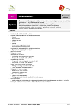 Carga horária
     0742          Laboratórios de química
                                                                                                   25 horas


                      Desenvolver aptidões para o trabalho em laboratório - manipulação correcta de materiais,
                      equipamentos e técnicas experimentais simples.
                      Desenvolver procedimentos de segurança em laboratórios de química.
 Objectivo(s)
                      Adquirir conhecimentos práticos para a realização de trabalhos no laboratório.
                      Identificar métodos de análise correntes para aplicação ao controlo de qualidade.
                      Elaborar relatórios dos trabalhos efectuados.
 Conteúdos

    Caracterização do laboratório de química
    Composição e organização de um laboratório de química
    −  Bancas
    −  Equipamentos
    −  Material de vidro
    −  Hottes
    −  Estufas
    −  Armários dos reagentes e material
    −  Equipamentos primeiros socorros
    Procedimentos de segurança num laboratório de química
    −  Equipamento de protecção individual
    Medição de volumes
    Medição de massas
    Preparação de soluções I
    −  Preparação de uma solução de amoníaco
    −  Preparação solução de ácido sulfúrico
    Preparação de soluções II
    −  Preparação de uma solução de hidróxido de sódio
    −  Preparação solução de ácido clorídrico
    Análise volumétrica (reacção ácido–base)
    −  Titulação da solução de hidróxido de sódio
    −  Titulação da solução de ácido sulfúrico
    Medição do pH de uma solução
    −  Medição com papel indicador
    −  Medição com potenciómetro
    Análise potenciométrica
    −  Calibração do potenciómetro
    −  Titulação potenciométrica da solução de hidróxido de sódio
    Espectrofotometria
    −  Determinação da concentração de uma solução por espectrofotometria (aplicação da Lei de Beer – Lambert)
    Realização de trabalhos no laboratório e elaboração dos respectivos relatórios




REFERENCIAL DE FORMAÇÃO   Saída Profissional: Técnico/a da Qualidade   Nível 3                            67/75
 