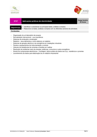 Carga horária
     0747          Aplicações práticas de electricidade
                                                                                                             25 horas


                      Identificar e caracterizar os principais testes, análises e ensaios.
 Objectivo(s)
                      Relacionar os testes, análises e ensaios com os diferentes sectores de actividade.
 Conteúdos

    Organização de um laboratório de ensaios
    Normalização internacional – sua importância
    Sistemas de protecção e sinalização
    Relatório – seus elementos e como elaborar um relatório
    Sistemas de geração eléctrica e de emergência em instalações industriais
    Painéis e equipamentos de instrumentação e controlo
    Cálculos de resistências de correntes e tensões em malhas
    Resolução de problemas reais de energias, potências, consumos e custos energéticos
    Estudo de componentes electrónicos – montagem, leitura prática de dados da d.d.p., resistência e correntes
    Levantamento de dados para elaboração de um relatório empresarial




REFERENCIAL DE FORMAÇÃO   Saída Profissional: Técnico/a da Qualidade   Nível 3                                     72/75
 
