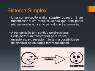 Sistema Simplex
Uma comunicação é dita simplex quando há um
transmissor e um receptor, sendo que este papel
não se inverte nunca no período de transmissão.
A transmissão tem sentido unidireccional.
Pode-se ter um transmissor para vários
receptores, e o receptor não tem a possibilidade
de sinalizar se os dados foram recebidos.
 