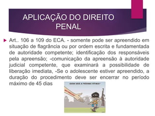 APLICAÇÃO DO DIREITO
PENAL
 Art.. 106 a 109 do ECA. - somente pode ser apreendido em
situação de flagrância ou por ordem escrita e fundamentada
de autoridade competente; identificação dos responsáveis
pela apreensão; -comunicação da apreensão à autoridade
judicial competente, que examinará a possibilidade de
liberação imediata, -Se o adolescente estiver apreendido, a
duração do procedimento deve ser encerrar no período
máximo de 45 dias
 