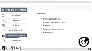 Técnico em Marketing 
Introdução 
História 
O Curso 
Área de Atuação 
Mercado de Trabalho 
Conclusão 
Setores: 
 Instituições públicas; 
 Privadas e do terceiro setor; 
 Comércio; 
 Empresas de consultoria; 
 Consultoria. 
 