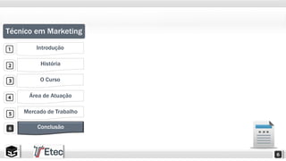 Técnico em Marketing 
Introdução 
História 
O Curso 
Área de Atuação 
Mercado de Trabalho 
Conclusão 
 