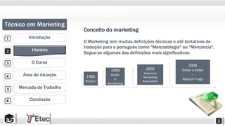 Técnico em Marketing 
Introdução 
História 
O Curso 
Área de Atuação 
Mercado de Trabalho 
Conclusão 
Conceito do marketing 
O Marketing tem muitas definições técnicas e até tentativas de 
tradução para o português como "Mercadologia" ou "Mercância". 
Segue-se algumas das definições mais significativas: 
1986 
Richers 
1999 
Kotler 
e 
Armstrong 
2005 
American 
Marketing 
Association 
2006 
Kotler e Keller 
- 
Robson Fraga 
 