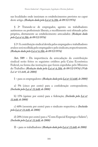 101
Técnico Industrial – Organização, Legislação e Decisões Judiciais
nas localidades onde inexistam os estabelecimentos previstos no caput
deste artigo. (Redação dada pela Lei nº 6.386, de 09/12/1976)
§ 2º Tratando-se de empregador, agentes ou trabalhadores
autônomos ou profissionais liberais, o recolhimento será efetuado pelos
próprios, diretamente ao estabelecimento arrecadador. (Redação dada
pela Lei nº 6.386, de 09/12/1976)
§ 3º A contribuição sindical devida pelos empregados e trabalhadores
avulsos será recolhida pelo empregador e pelo sindicato,respectivamente.
(Redação dada pela Lei nº 6.386, de 09/12/1976)
Art. 589 – Da importância da arrecadação da contribuição
sindical serão feitos os seguintes créditos pela Caixa Econômica
Federal, na forma das instruções que forem expedidas pelo Ministro
do Trabalho: (Redação dada pela Lei nº 6.386, de 09/12/1976) (Vide
Lei nº 11.648, de 2008)
I – para os empregadores: (Redação dada pela Lei nº 11.648, de 2008)
a) 5% (cinco por cento) para a confederação correspondente;
(Incluída pela Lei nº 11.648, de 2008)
b) 15% (quinze por cento) para a federação; (Incluída pela Lei nº
11.648,de 2008)
c) 60% (sessenta por cento) para o sindicato respectivo; e (Incluída
pela Lei nº 11.648, de 2008)
d) 20% (vinte por cento) para a “Conta Especial Emprego e Salário”;
(Incluída pela Lei nº 11.648, de 2008)
II – para os trabalhadores: (Redação dada pela Lei nº 11.648,de 2008)
 
