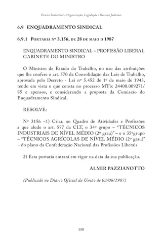150
Técnico Industrial – Organização, Legislação e Decisões Judiciais
6.9 ENQUADRAMENTO SINDICAL
6.9.1 PORTARIA Nº 3.156, DE 28 DE MAIO D 1987
ENQUADRAMENTO SINDICAL – PROFISSÃO LIBERAL
GABINETE DO MINISTRO
O Ministro de Estado do Trabalho, no uso das atribuições
que lhe confere o art. 570 da Consolidação das Leis de Trabalho,
aprovada pelo Decreto - Lei nº 5.452 de 1º de maio de 1943,
tendo em vista o que consta no processo MTb: 24400.009271/
85 e apensos, e considerando a proposta da Comissão do
Enquadramento Sindical,
RESOLVE:
Nº 3156 –1) Criar, no Quadro de Atividades e Profissões
a que alude o art. 577 da CLT, o 34º grupo – “TÉCNICOS
INDUSTRIAIS DE NÍVEL MÉDIO (2º grau)” – e o 35ºgrupo
– “TÉCNICOS AGRÍCOLAS DE NÍVEL MÉDIO (2º grau)”
– do plano da Confederação Nacional das Profissões Liberais.
2) Esta portaria entrará em vigor na data da sua publicação.
ALMIR PAZZIANOTTO
(Publicado no Diário Oficial da União de 03/06/1987)
 