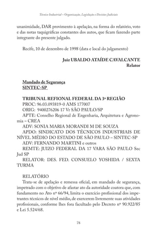 78
Técnico Industrial – Organização, Legislação e Decisões Judiciais
unanimidade, DAR provimento à apelação, na forma do relatório, voto
e das notas taquigráficas constantes dos autos, que ficam fazendo parte
integrante do presente julgado.
Recife, 10 de dezembro de 1998 (data e local do julgamento)
Juiz UBALDO ATAÍDE CAVALCANTE
Relator
Mandado de Segurança
SINTEC-SP
TRIBUNAL REFIONAL FEDERAL DA 3ª REGIÃO
PROC: 96.03.093819-0 AMS 177007
ORIG: 9400276206 17 Vr SÃO PAULO/SP
APTE: Conselho Regional de Engenharia, Arquitetura e Agrono-
mia – CREA
ADV: SONIA MARIA MORANDI M DE SOUZA
APDO: SINDICATO DOS TÉCNICOS INDUSTRIAIS DE
NÍVEL MÉDIO DO ESTADO DE SÃO PAULO – SINTEC-SP
ADV: FERNANDO MARTINI e outros
REMTE: JUIZO FEDERAL DA 17 VARA SÃO PAULO Sec
Jud SP
RELATOR: DES. FED. CONSUELO YOSHIDA / SEXTA
TURMA
RELATÓRIO
Trata-se de apelação e remessa oficial, em mandado de segurança,
impetrado com o objetivo de afastar ato da autoridade coatora que, com
fundamento no Ato nº 66/94, limita o exercício profissional dos impe-
trantes técnicos de nível médio, de exercerem livremente suas atividades
profissionais, conforme lhes fora facultado pelo Decreto nº 90.922/85
e Lei 5.524/68.
 