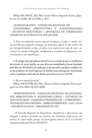 91
Técnico Industrial – Organização, Legislação e Decisões Judiciais
(REsp 700.348/SC, Rel. Min. Castro Meira, Segunda Turma, julga-
do em 27.6.2006, DJ 4.8.2006, p. 301)
“ADMINISTRATIVO – CONSELHO REGIONAL DE
ENGENHARIA, ARQUITETURA E AGRONOMIA/CREA
– TÉCNICOS INDUSTRIAIS – ANOTAÇÕES DE ATRIBUIÇÕES
(PROJETOS ELÉTRICOS DE ATÉ 800 KVA).
1. Deve ser conhecido recurso especial interposto, a tempo e a modo, con-
tra acórdão que, julgando embargos de declaração, apesar de não conhecê-los
por intempestividade, corrige, de ofício, erro material no corpo do voto e na
ementa do acórdão embargado, modificando o resultado do julgamento e de-
terminando a sua republicação.
2. É antiga a jurisprudência desta Corte no sentido de que as atribuições
dos técnicos de nível médio, em suas diversas modalidades, foram limitadas
pelo Decreto 90.922/85, de modo que a não permitir qualquer conflito com
as das profissões de nível superior, de âmbito mais abrangente, inexistindo,
assim, ampliação indevida dos limites previstos na Lei 5.524/68.
3. Recurso especial provido.”
(REsp 448.819/PR, Rel. Min. Eliana Calmon, Segunda Turma, jul-
gado em 22.6.2004, DJ 20.9.2004)
“ADMINISTRATIVO - CONSELHO REGIONAL DE ENGENHA-
RIA, ARQUITETURA E AGRONOMIA (CREA) – TÉCNICOS DE
SEGUNDO GRAU - EXERCÍCIO PROFISSIONAL – ATRIBUIÇÕES -
ANOTAÇÕES EM CARTEIRA - OBRIGATORIEDADE - LEI 5.524/68
- DECRETO 90.922/85 - PRECEDENTES STJ.
- O Conselho Regional de Engenharia, Arquitetura e Agronomia está
obrigado a efetivar anotações em carteira, das atribuições profissionais dos
técnicos de nível médio, porque tal prerrogativa decorre da Lei 5.524/68,
regulamentada pelo Decreto 90.922/85.
 