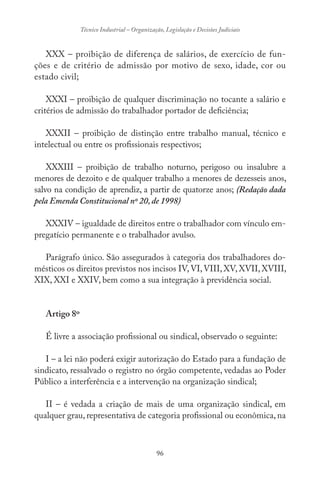 96
Técnico Industrial – Organização, Legislação e Decisões Judiciais
XXX – proibição de diferença de salários, de exercício de fun-
ções e de critério de admissão por motivo de sexo, idade, cor ou
estado civil;
XXXI – proibição de qualquer discriminação no tocante a salário e
critérios de admissão do trabalhador portador de deficiência;
XXXII – proibição de distinção entre trabalho manual, técnico e
intelectual ou entre os profissionais respectivos;
XXXIII – proibição de trabalho noturno, perigoso ou insalubre a
menores de dezoito e de qualquer trabalho a menores de dezesseis anos,
salvo na condição de aprendiz, a partir de quatorze anos; (Redação dada
pela Emenda Constitucional nº 20,de 1998)
XXXIV – igualdade de direitos entre o trabalhador com vínculo em-
pregatício permanente e o trabalhador avulso.
Parágrafo único. São assegurados à categoria dos trabalhadores do-
mésticos os direitos previstos nos incisos IV,VI,VIII, XV, XVII, XVIII,
XIX, XXI e XXIV, bem como a sua integração à previdência social.
Artigo 8º
É livre a associação profissional ou sindical, observado o seguinte:
I – a lei não poderá exigir autorização do Estado para a fundação de
sindicato, ressalvado o registro no órgão competente, vedadas ao Poder
Público a interferência e a intervenção na organização sindical;
II – é vedada a criação de mais de uma organização sindical, em
qualquer grau, representativa de categoria profissional ou econômica, na
 