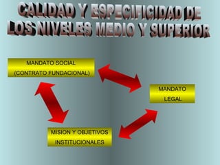 MANDATO LEGAL MANDATO SOCIAL (CONTRATO FUNDACIONAL) MISION Y OBJETIVOS INSTITUCIONALES CALIDAD Y ESPECIFICIDAD DE  LOS NIVELES MEDIO Y SUPERIOR 