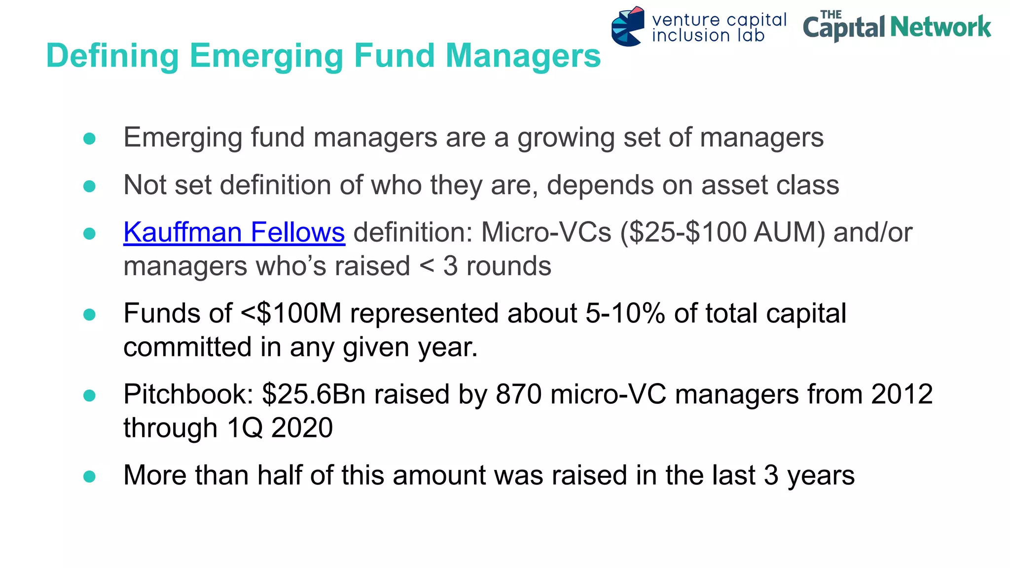 Defining Emerging Fund Managers
● Emerging fund managers are a growing set of managers
● Not set definition of who they are, depends on asset class
● Kauffman Fellows definition: Micro-VCs ($25-$100 AUM) and/or
managers who’s raised < 3 rounds
● Funds of <$100M represented about 5-10% of total capital
committed in any given year.
● Pitchbook: $25.6Bn raised by 870 micro-VC managers from 2012
through 1Q 2020
● More than half of this amount was raised in the last 3 years
 