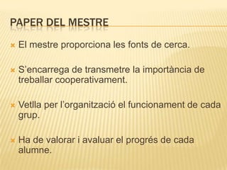 PAPER DEL MESTRE
   El mestre proporciona les fonts de cerca.

   S’encarrega de transmetre la importància de
    treballar cooperativament.

   Vetlla per l’organització el funcionament de cada
    grup.

   Ha de valorar i avaluar el progrés de cada
    alumne.
 