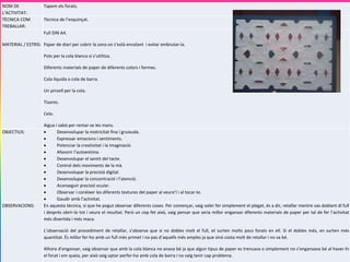 NOM DE
L’ACTIVITAT:
Tapem els forats.
TÈCNICA COM
TREBALLAR:
Tècnica de l’esquinçat.
MATERIAL / ESTRIS:
Full DIN A4.
Paper de diari per cobrir la zona on s’està encolant i evitar embrutar-la.
Pots per la cola blanca si s’utilitza.
Diferents materials de paper de diferents colors i formes.
Cola líquida o cola de barra.
Un pinzell per la cola.
Tisores.
Celo.
Aigua i sabó per rentar-se les mans.
OBJECTIUS:  Desenvolupar la motricitat fina i gruixuda.
 Expressar emocions i sentiments.
 Potenciar la creativitat i la imaginació.
 Afavorir l’autoestima.
 Desenvolupar el sentit del tacte.
 Control dels moviments de la mà.
 Desenvolupar la precisió digital.
 Desenvolupar la concentració i l’atenció.
 Aconseguir precisió ocular.
 Observar i conèixer les diferents textures del paper al veure’l i al tocar-lo.
 Gaudir amb l’activitat.
OBSERVACIONS: En aquesta tècnica, si que he pogut observar diferents coses. Per començar, vaig voler fer simplement el plegat, és a dir, retallar mentre vas doblant dl full
i després obrir-lo tot i veure el resultat. Però un cop fet això, vaig pensar que seria millor enganxar diferents materials de paper per tal de fer l’activitat
més divertida i més maca.
L’observació del procediment de retallar, s’observa que si no dobles molt el full, et surten molts pocs forats en ell. Si el dobles més, en surten més
quantitat. És millor fer-ho amb un full més primet i no pas d’aquells més amples ja que sinó costa molt de retallar i no va bé.
Alhora d’enganxar, vaig observar que amb la cola blanca no anava bé ja que algun tipus de paper es trencava o simplement no s’enganxava bé al haver-hi
el forat i em queia, per això vaig optar perfer-ho amb cola de barra i no vaig tenir cap problema.
 